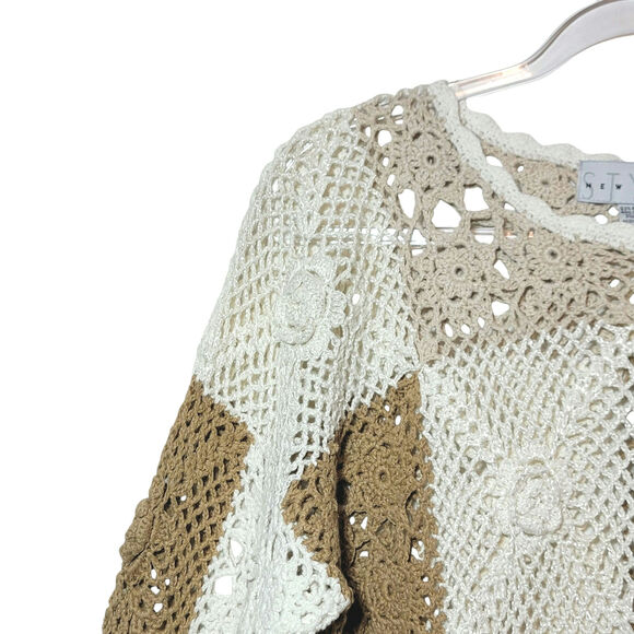 STYLE New York Crochet Tunic Sweater Tan Beige Casual Boho Beach Coverup S - Picture 4 of 16